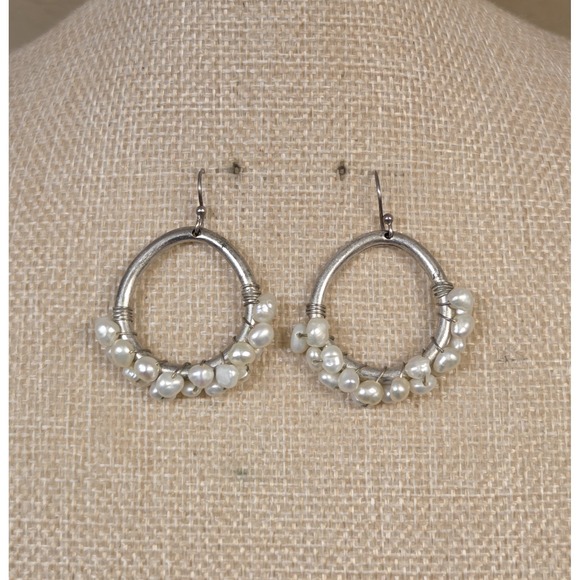 The Unbranded Brand Jewelry - Vintage‎ Sterling Silver Wrapped Genuine Pearl Cluster Dangle Hoop Earrings